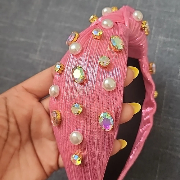 Valois Designs Wide Rim Vibrant Metallic Pink Statement Headband Stones Jewels - Picture 9 of 9